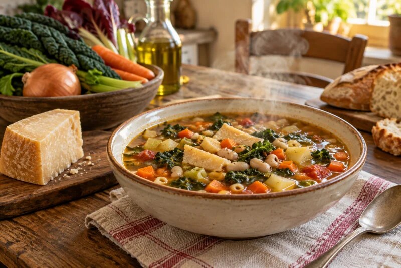 Minestrone d’autunno con verdure e pezzi di crosta di Parmigiano Reggiano