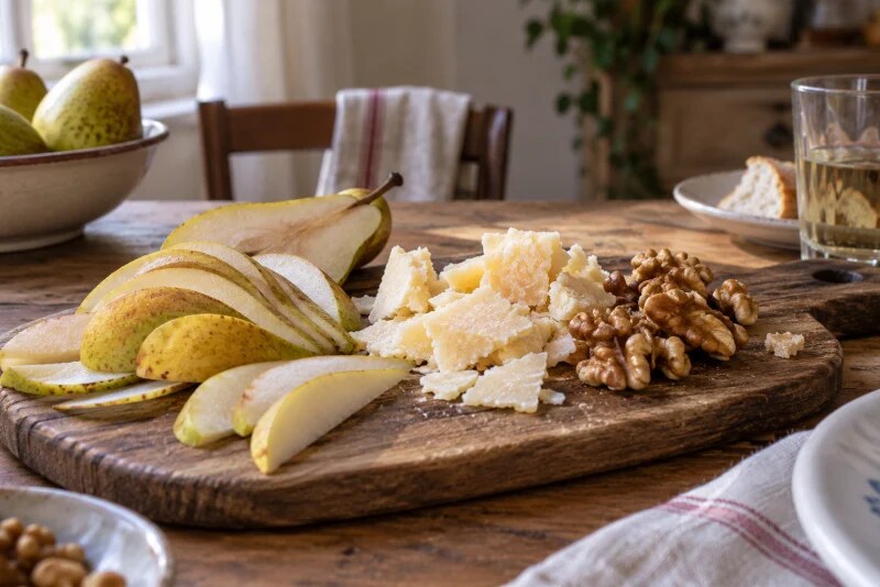Pere di ottobre, scaglie di Parmigiano Reggiano e noci su un tagliere di famiglia